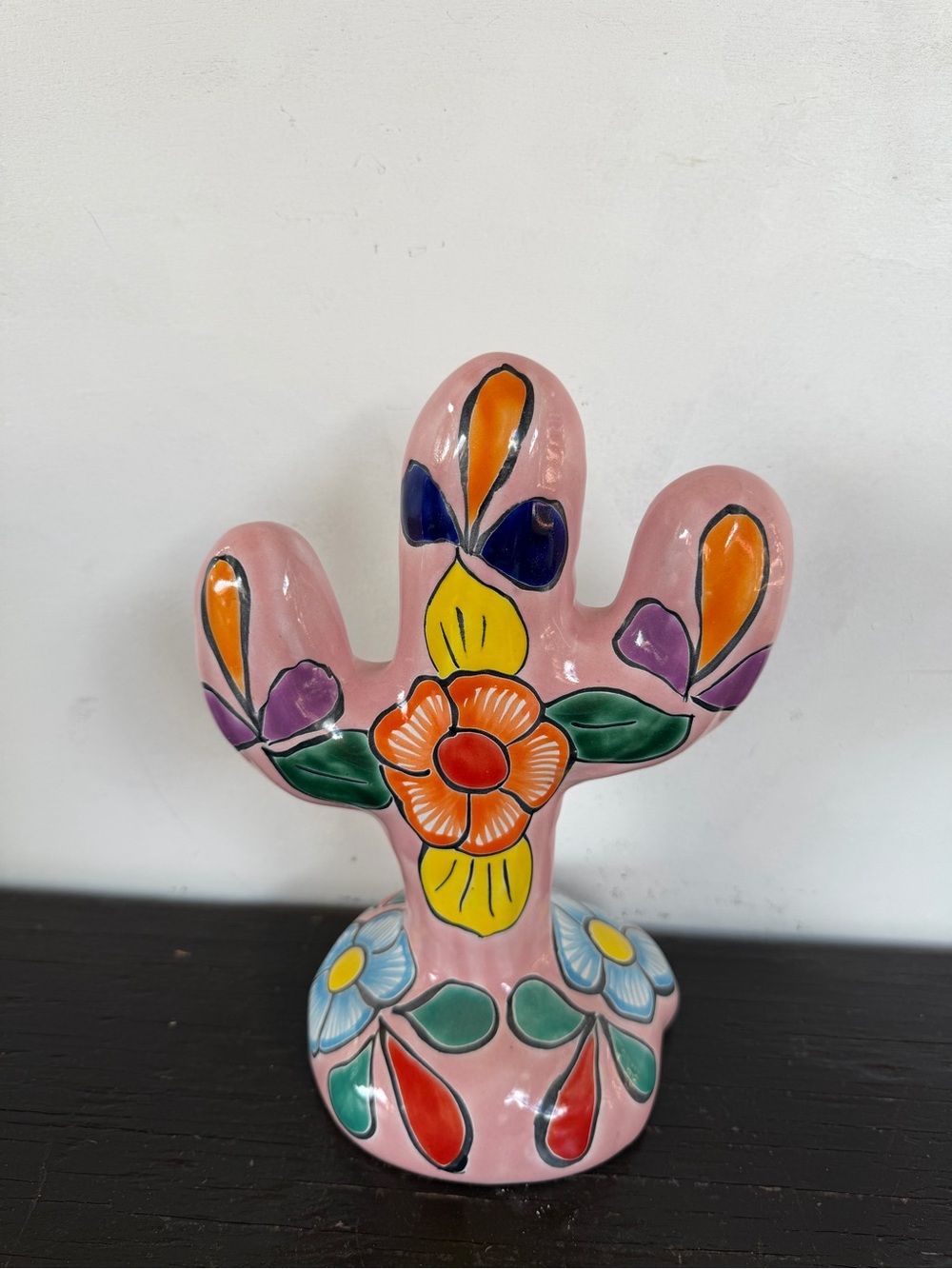 Hand-Painted Pink Floral Talavera Cactus Sculpture Décor.